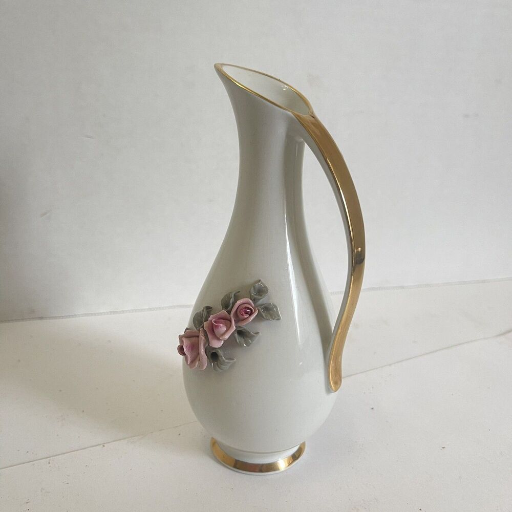 Vintage Decor Dresden Bud Vase Applied Roses German Gold Handle 6.5”